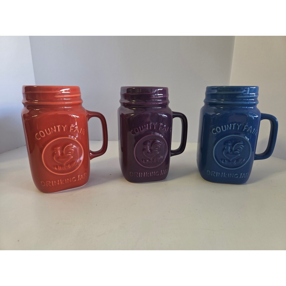 County Fair Rooster Stoneware Drinking Jar Mugs Set of 3 Red Purple Blue 400ml